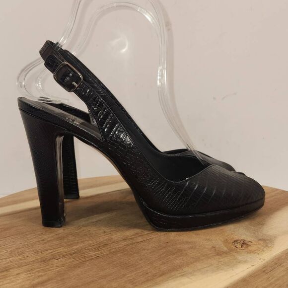 Stuart Weitzman Women's Peep Toe Embossed Block Heel Size 7 N Black - Picture 1 of 10